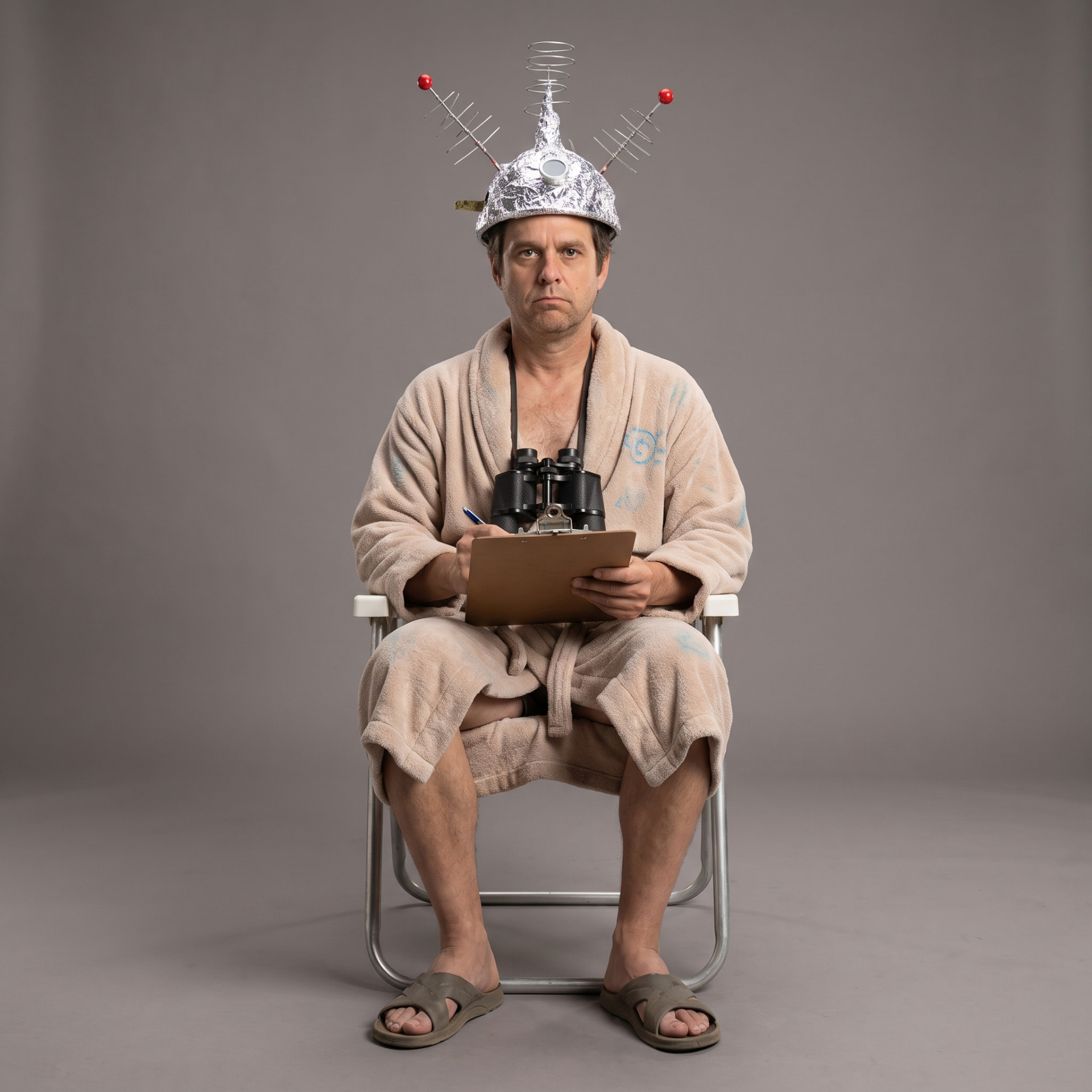 Gary, a middle-aged man in a worn bathrobe, sandals and a homemade aluminum foil hat with antennas, sitting in a folding lawn chair holding a clipboard and binoculars